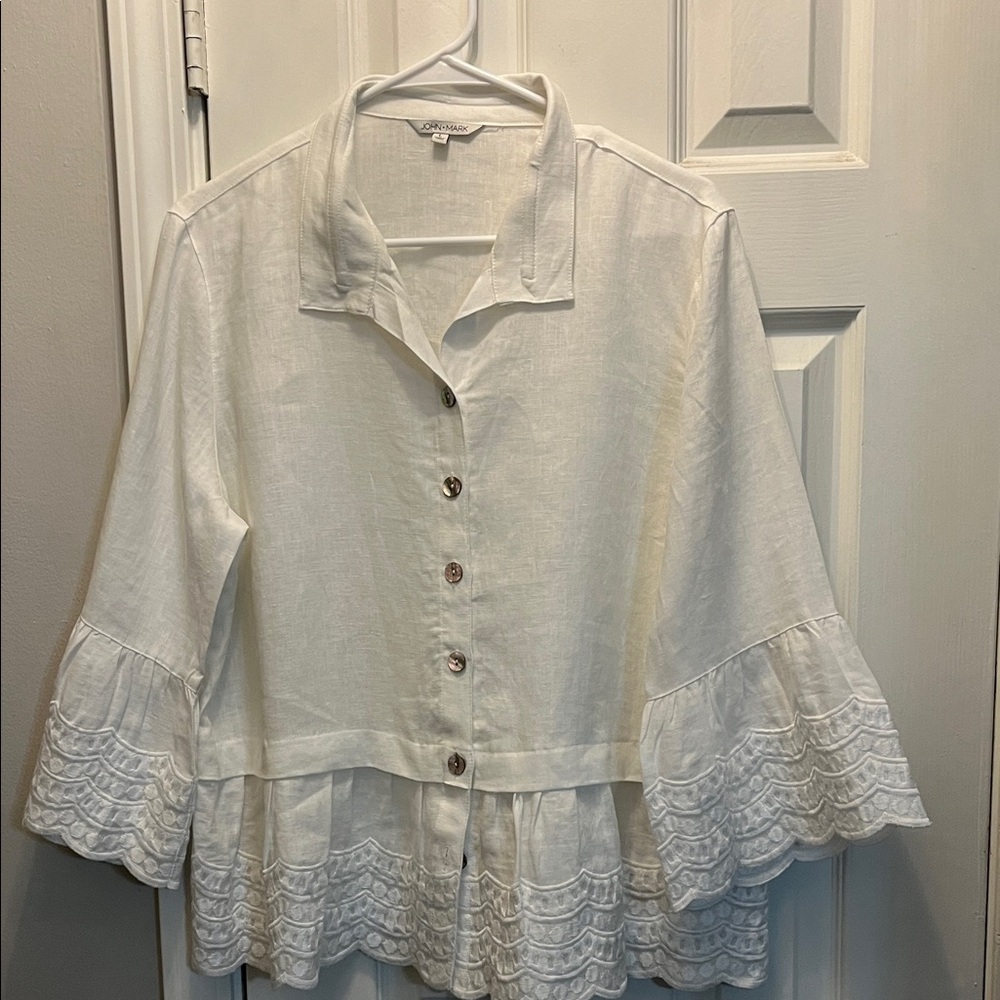 John Mark White Button-Up Blouse with Ruffled Sleeves